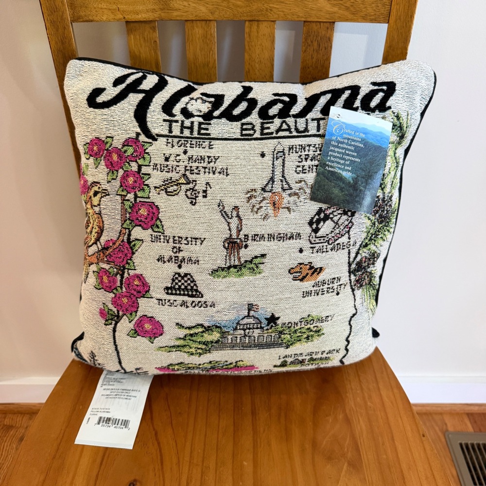 Alabama The Beautiful State Map Jacquard Woven Tapestry Pillow NWT Made in USA